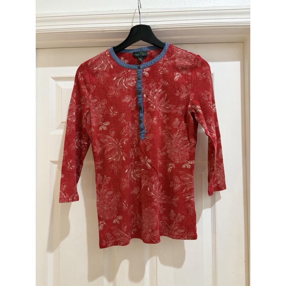 Lauren Jeans Co. Ralph Lauren Women's Red Floral 3/4 Sleeve Henley Top Size M